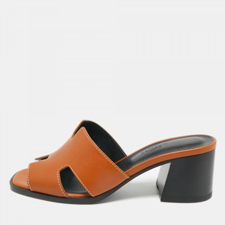 Hermès Brown Leather Helia Slide Sandals Size 36