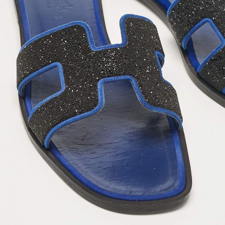 Hermes Blue/Black Suede Crystal Embellished Oran Flat Slides Size 36.5
