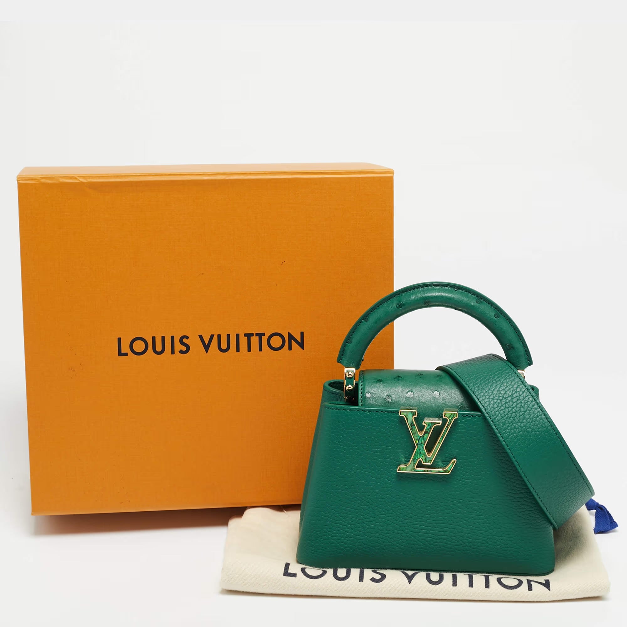 Louis Vuitton Capucines Mini Emeraude Taurillon Leather and Ostrich Top Handle Bag