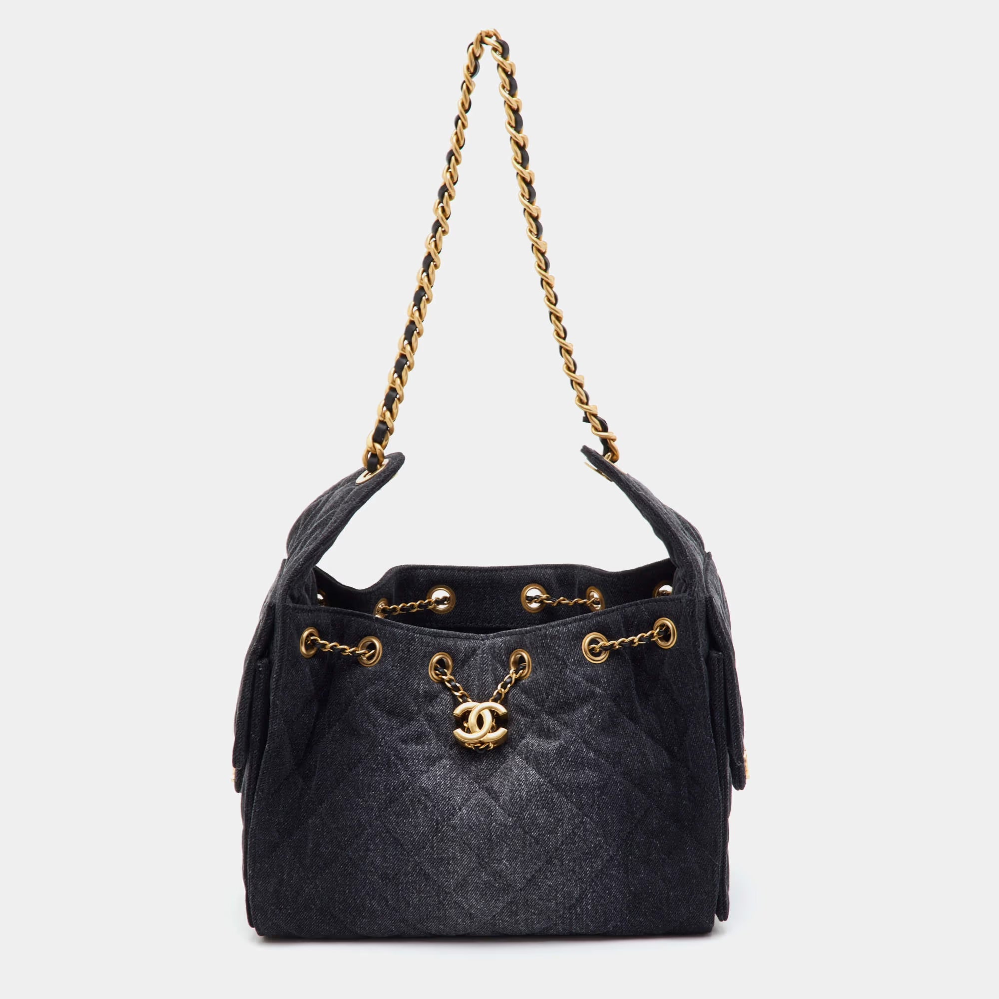Chanel 25 Drawstring Black Quilted Denim Hobo