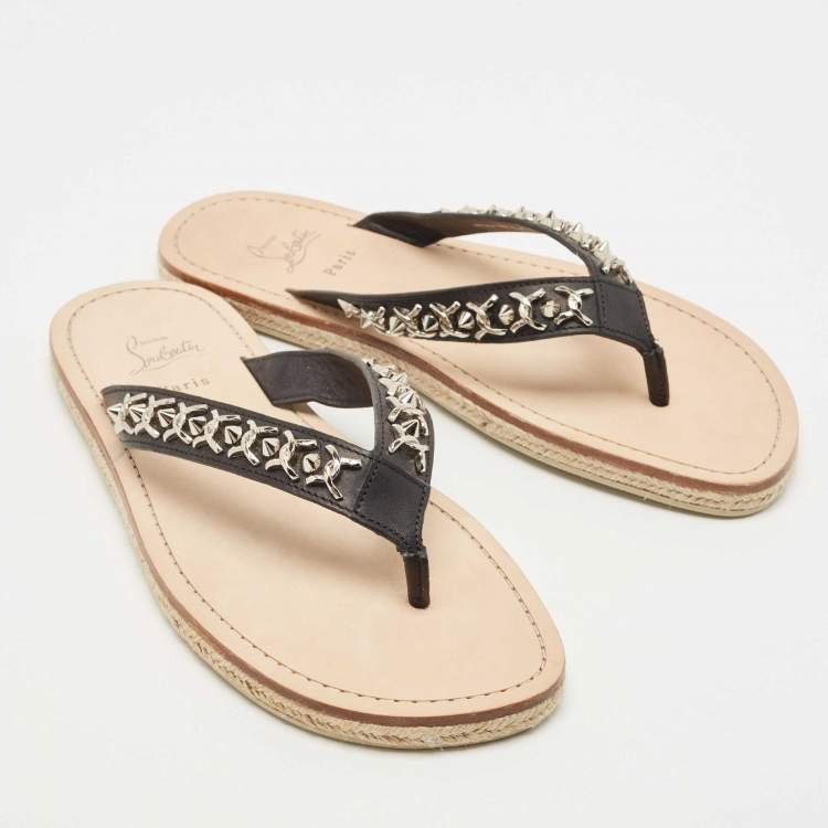 Christian Louboutin Black Leather Spike Thong Sandals Size 43