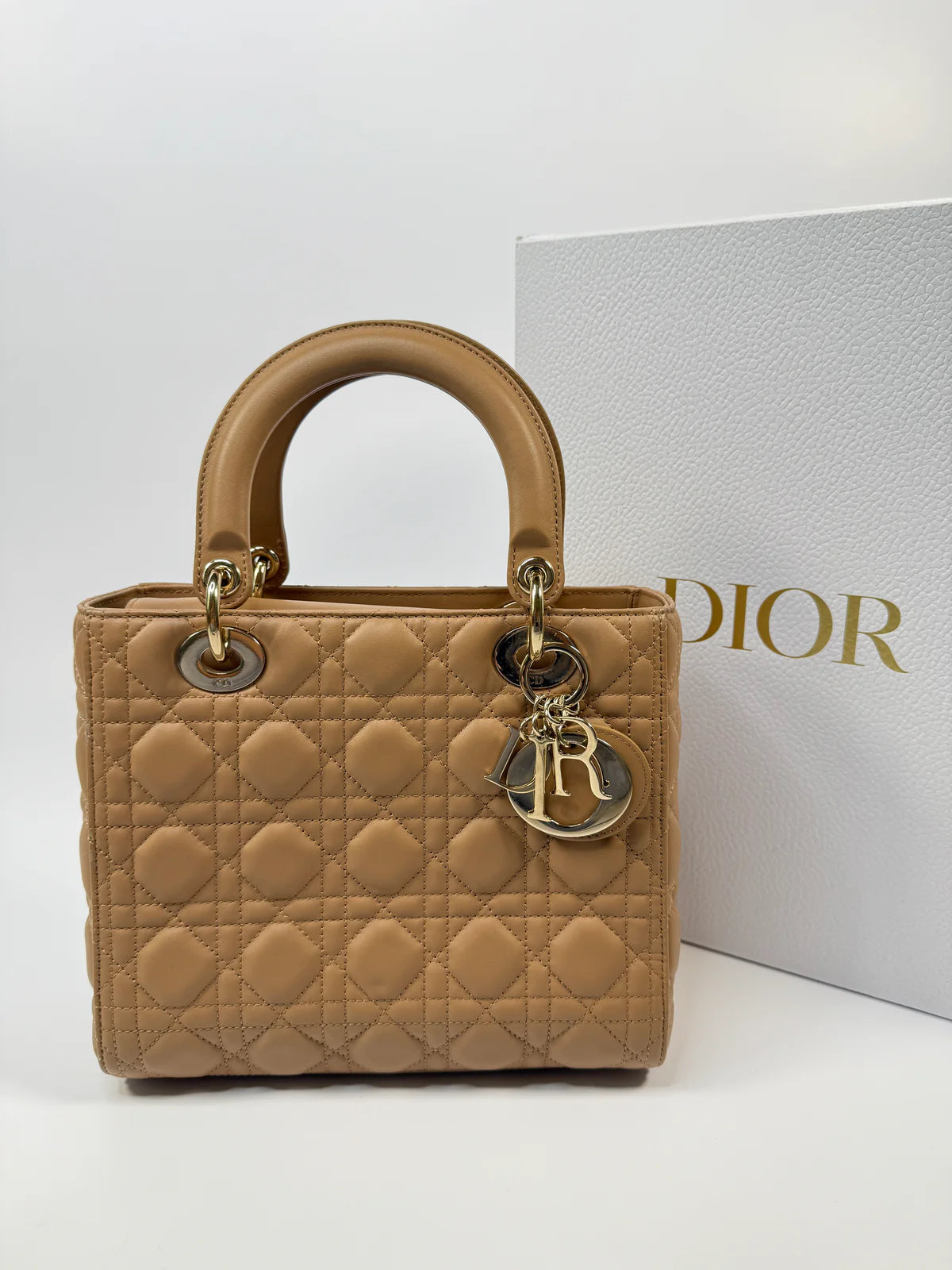 CHRISTIAN DIOR MEDIUM LADY DIOR BAG IN SAND WITH GOLD HARDWARE
