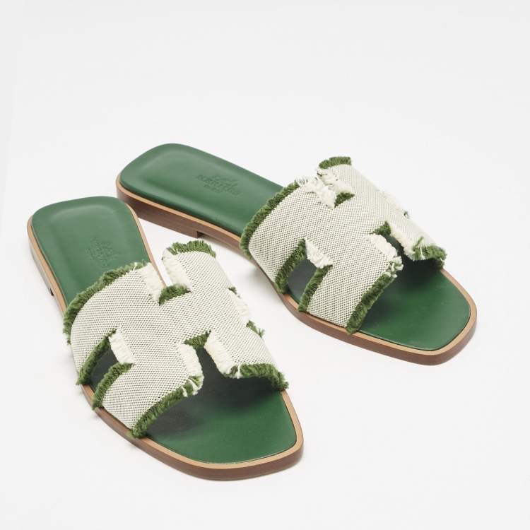 Hermes Beige/Green Fringe Canvas Oran Flat Slide Sandals Size 37