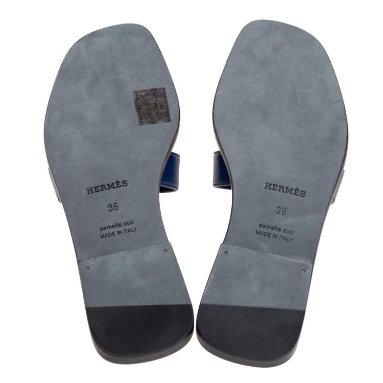 Hermes Navy Blue Leather Oran Flat Slide Sandals Size 36