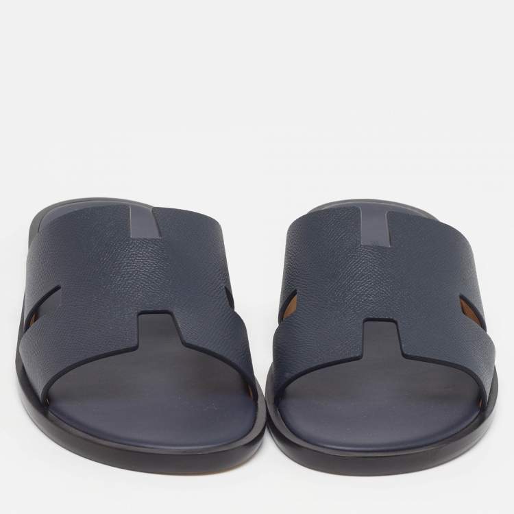 Hermès Izmir Size 43.5 Navy Blue Leather Flat Slides