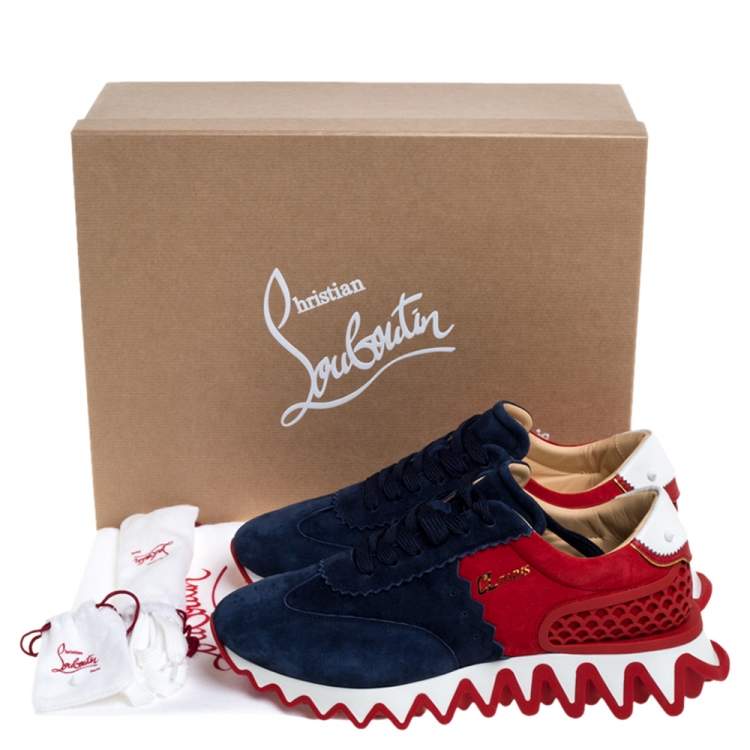 Christian Louboutin Blue/Red Suede And Leather Loubishark Low Top Sneakers Size 41