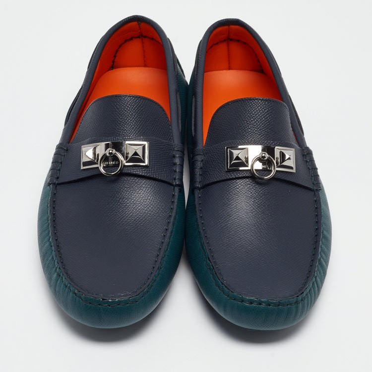 Hermès Green/Navy Blue Leather Irving Loafers Size 43.5