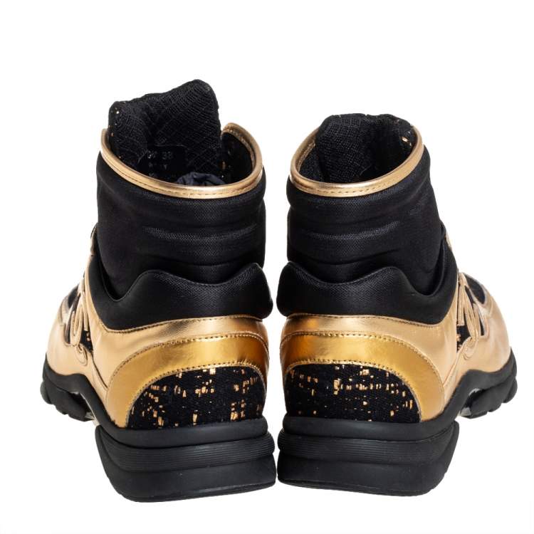 Chanel Black/Gold Tweed and Patent Leather CC High Top Sneakers Size 38
