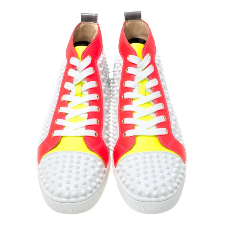 Christian Louboutin White Leather With Flourescent Matt Louis Spikes High Top Sneakers Size 45