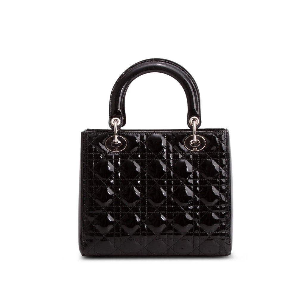Christian Dior Black Cannage Patent Leather Medium Lady Dior Bag