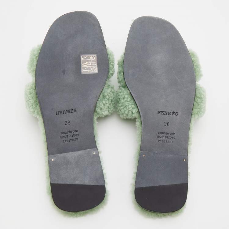Hermes Mint Green Shearling Fur Oran Flat Sandals Size 38