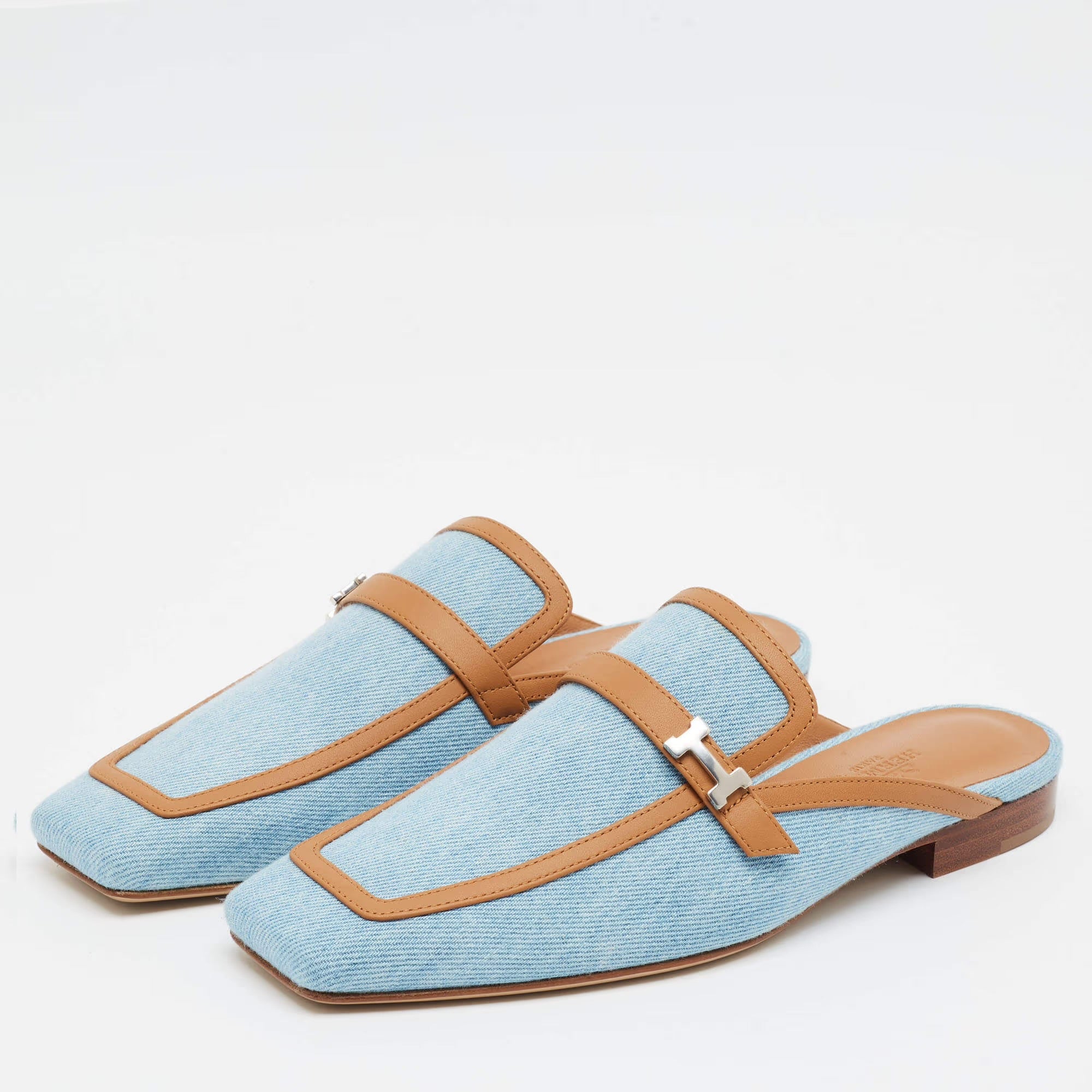 Hermes Groupie Size 37 Blue/Brown Denim and Leather Flat Mules