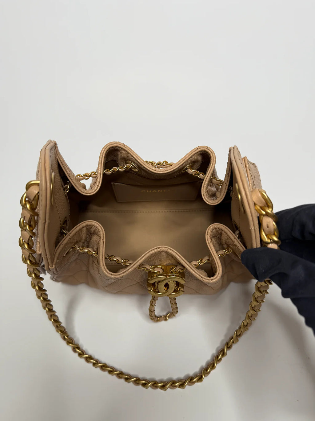 CHANEL 25 MICRO IN BEIGE CAVIAR LEATHER WITH GOLD HARDWARE
