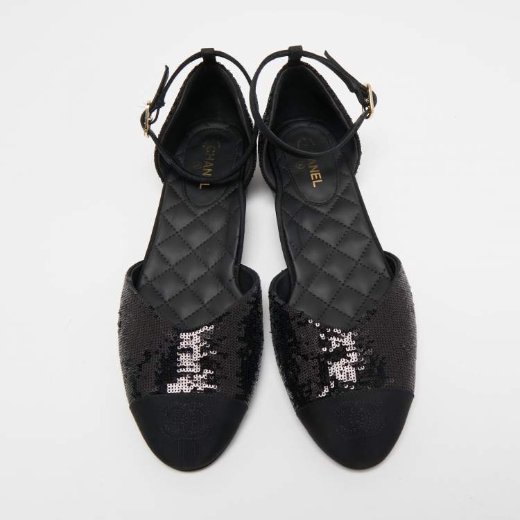 Chanel Black Sequins and Canvas CC Cap Toe Mary Jane Flats Size 39
