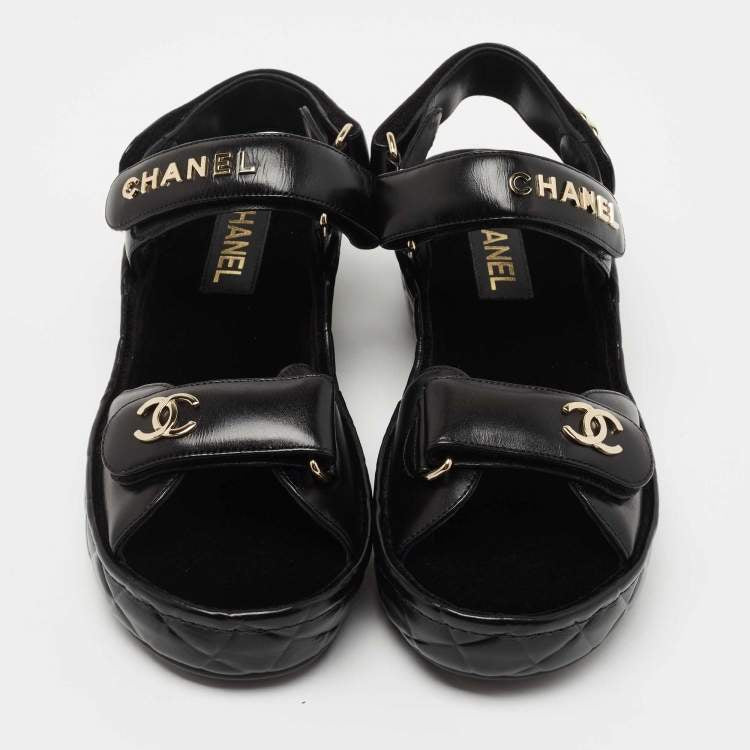 Chanel Black Leather CC Dad Flat Sandals Size 39