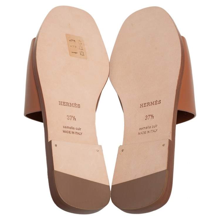 Hermes Brown Leather Villa Flat Slides Sandals Size 37.5