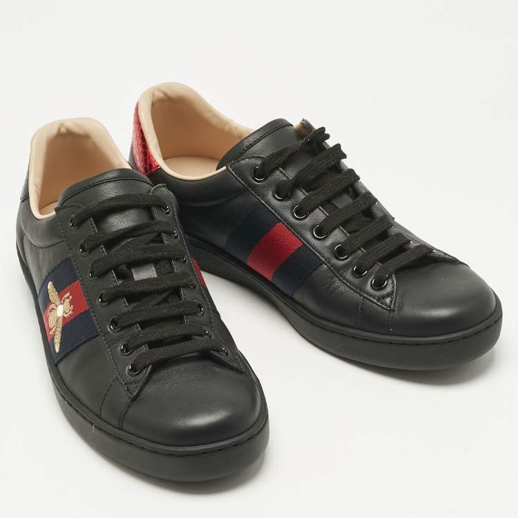 Gucci Black Leather and Snakeskin Embossed Leather Ace Lace Up Sneakers Size 38.5