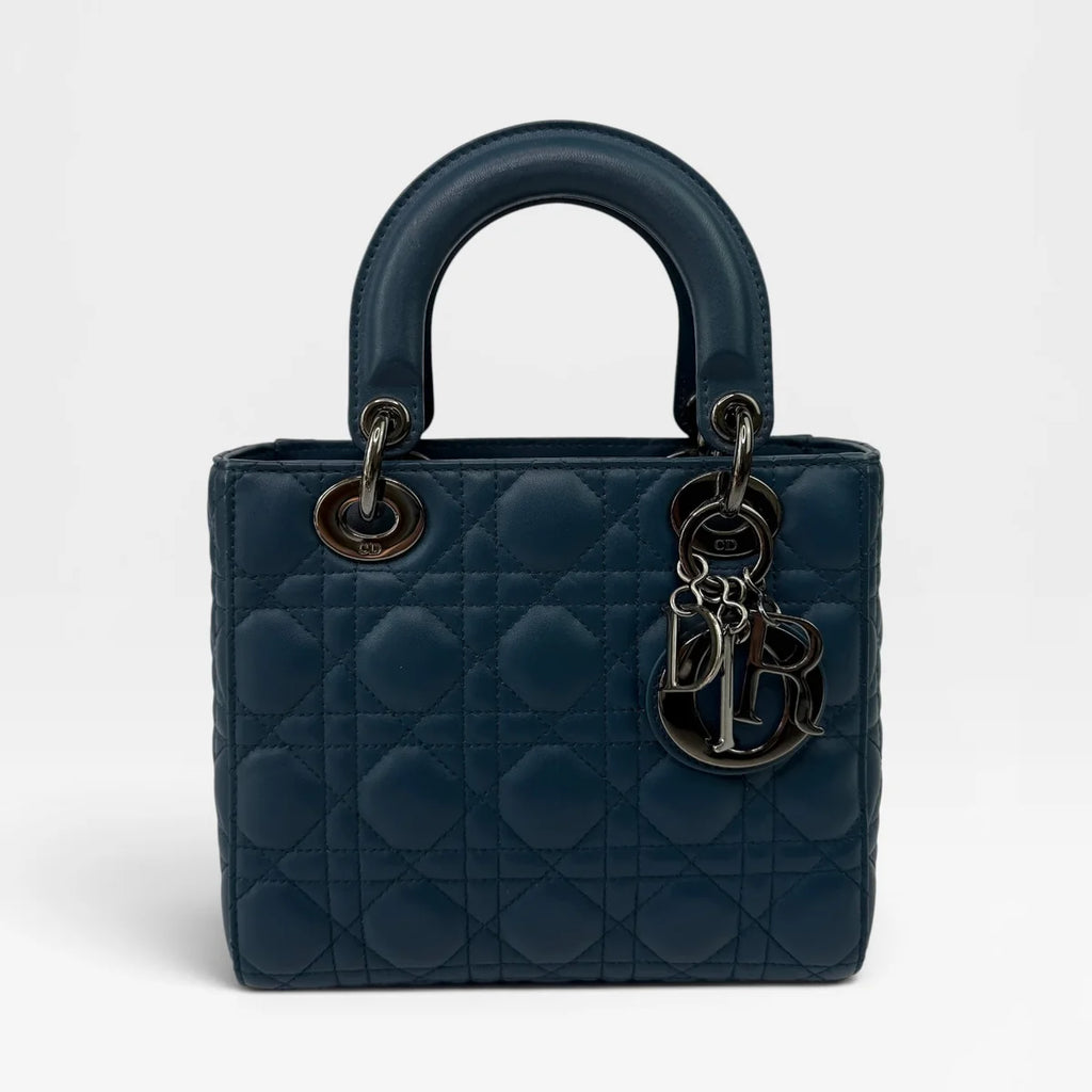 CHRISTIAN DIOR LADY DIOR SMALL BAG IN DENIM BLUE WITH SILVER HARDWARE