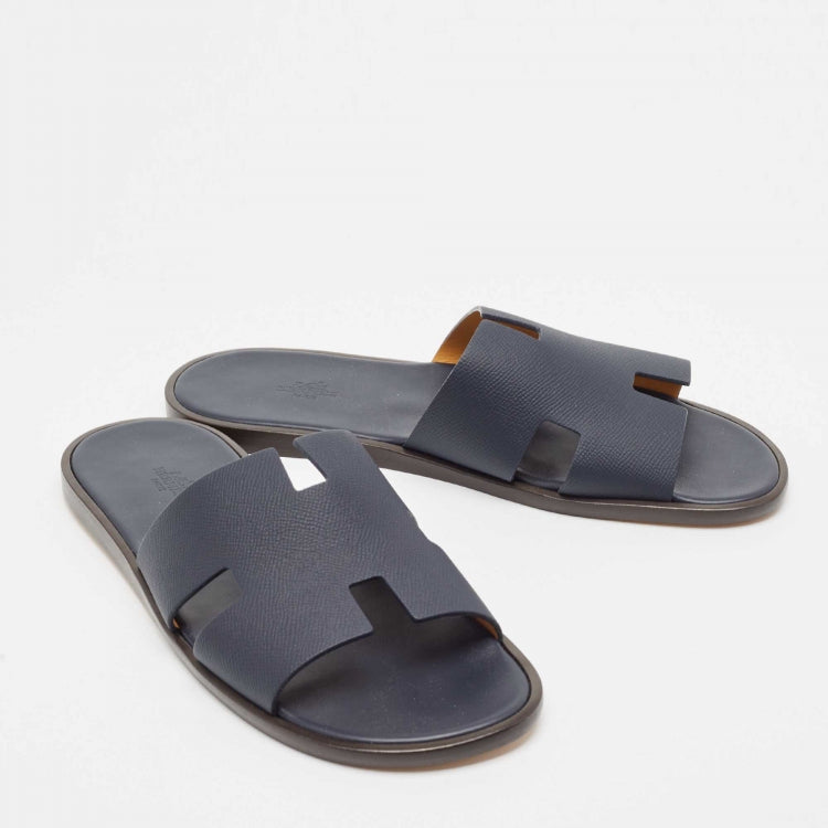 Hermès Navy Blue Leather Izmir Flat Slides Size 45