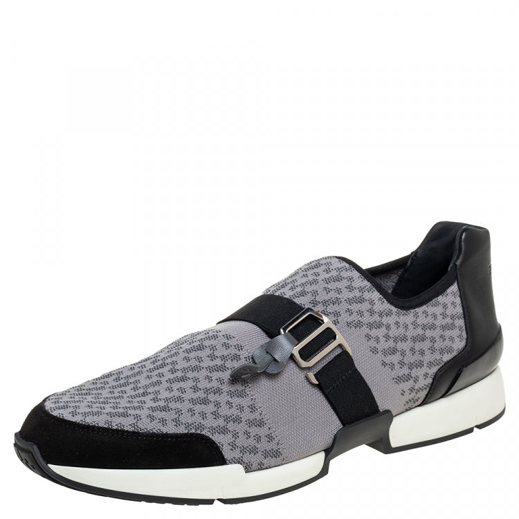 Hermes Grey/Black Knit Fabric And Leather Buckle Run Sneakers Size 43.5