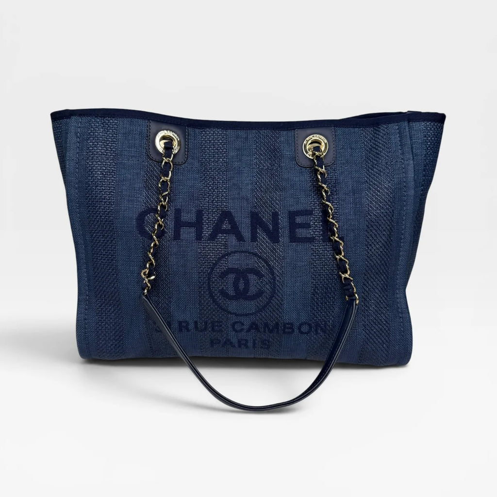 CHANEL SMALL DEAUVILLE TOTE BAG IN DARK BLUE WITH PALE GOLD HARDWARE