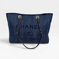 CHANEL SMALL DEAUVILLE TOTE BAG IN DARK BLUE WITH PALE GOLD HARDWARE