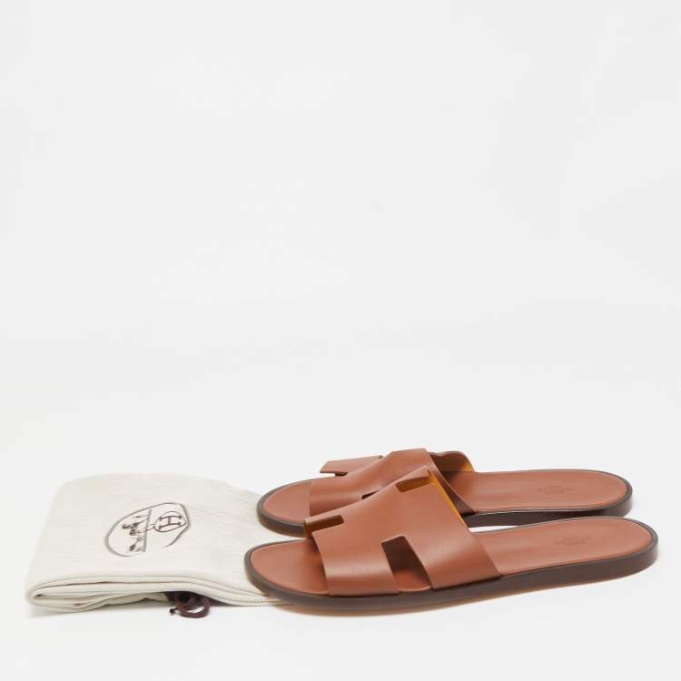 Hermes Brown Leather Izmir Slide Flats Size 47