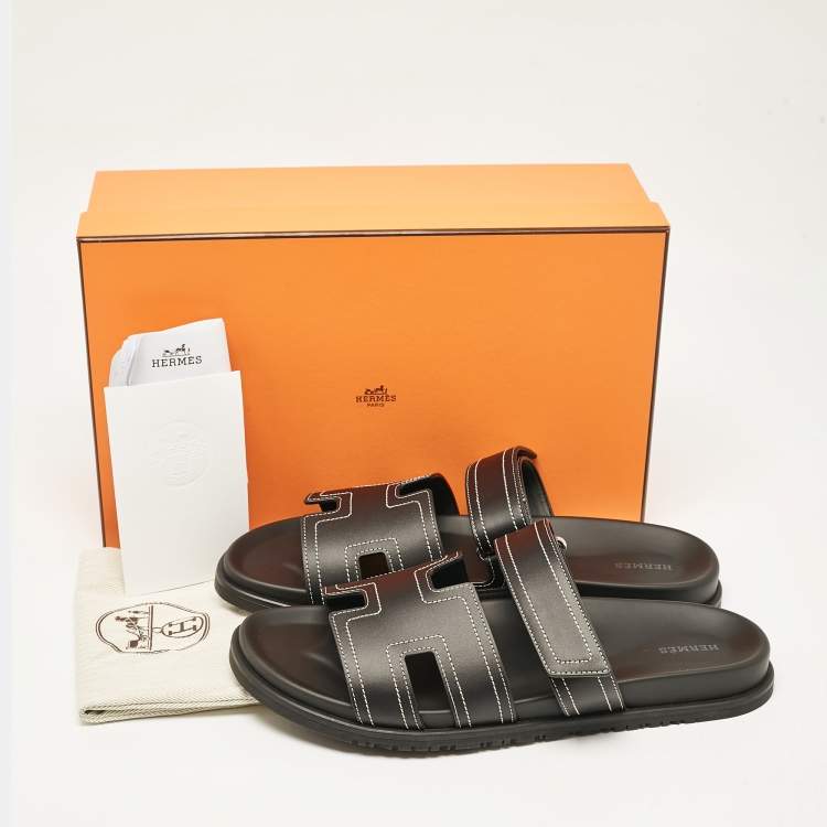 Hermes Black Leather Chypre Sandals Size 46