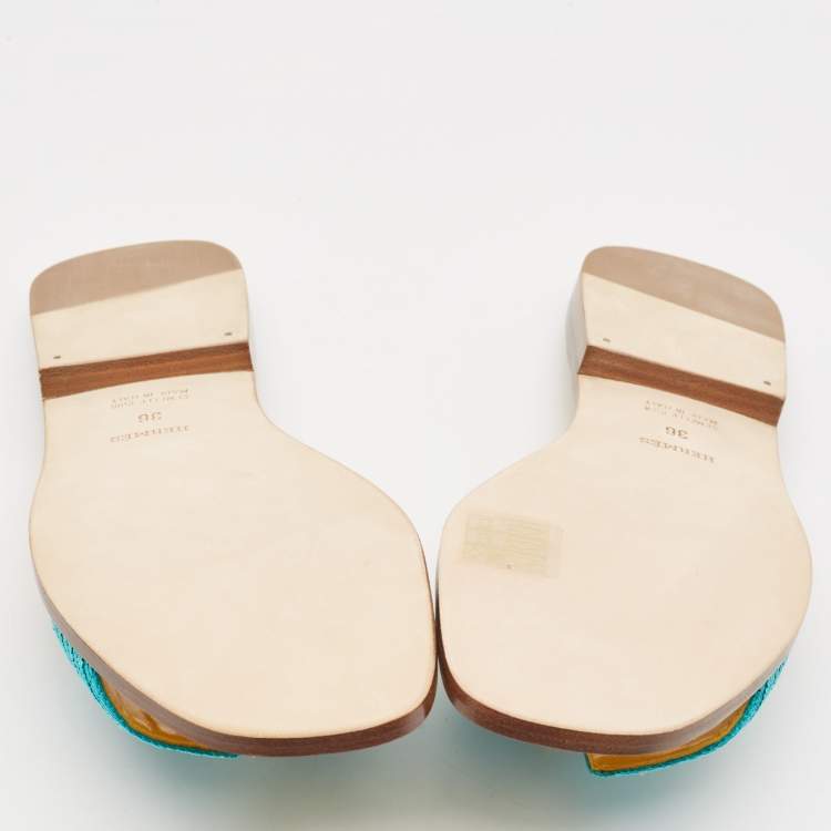 Hermes Blue Twisted Metal Thread Oran Flat Slides Size 36