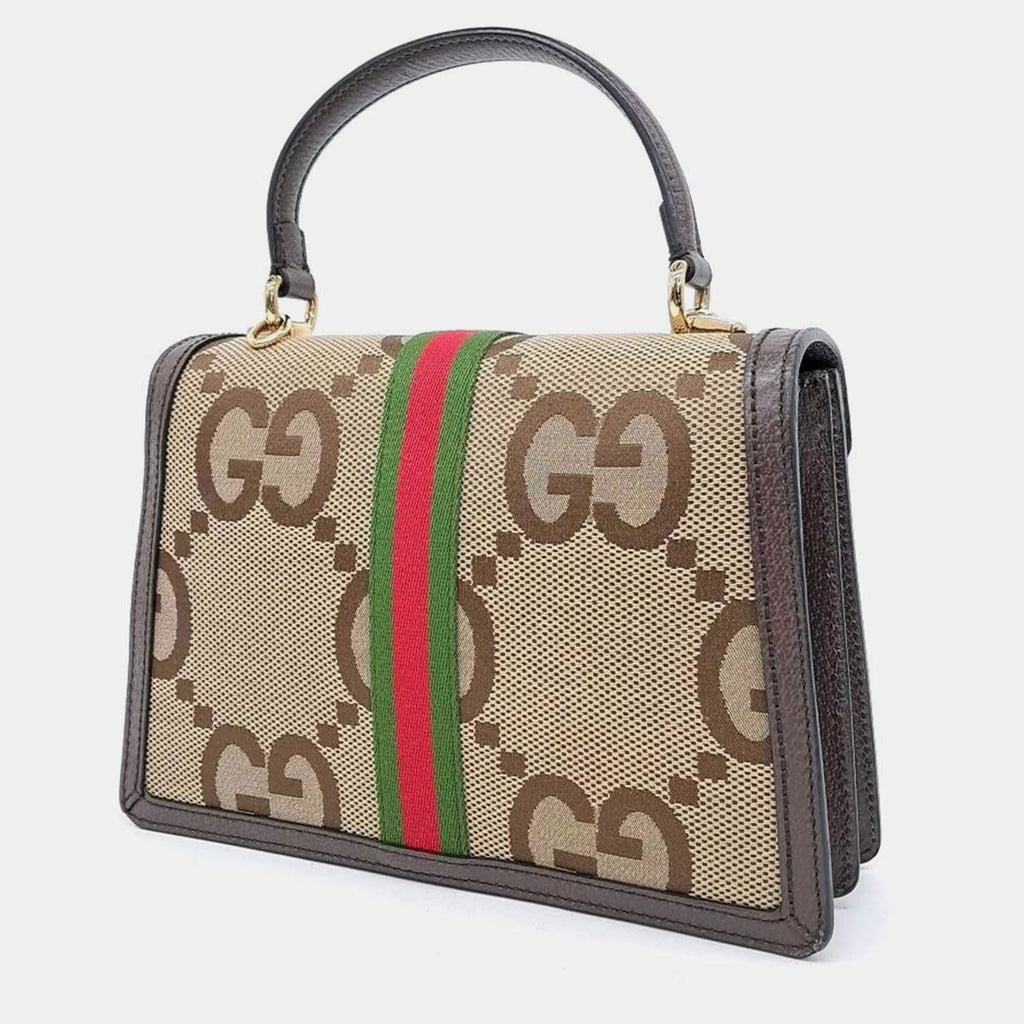 Gucci Ophidia Brown Jacquard, Leather Top Handle Bag