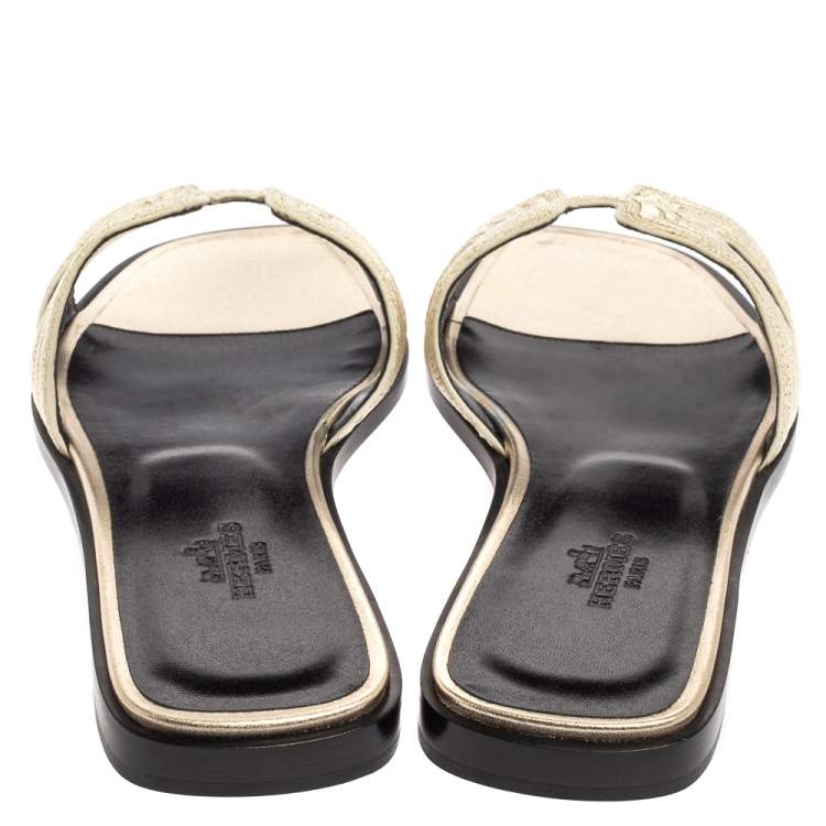 Hermes Metallic Pale Gold Twisted Metal Thread Oran Sandals Size 37