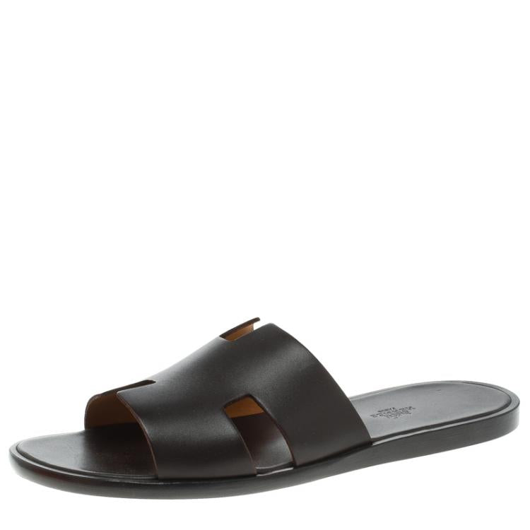 Hermes Dark Brown Leather Izmir Sandals Size 44.5