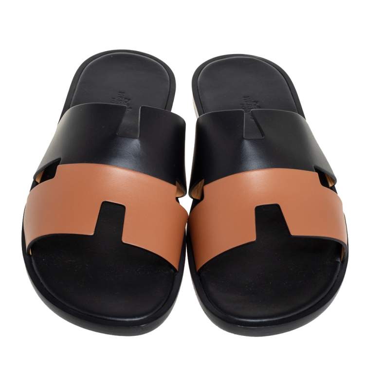Hermés Black/Brown Leather Izmir Flat Slides Size 44