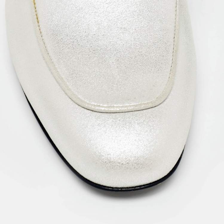 Hermes Silver Textured Suede Oz Flat Mules Size 36.5