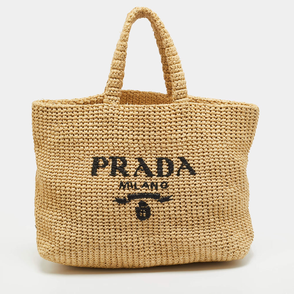 Prada Natural Raffia Logo Shopper Tote