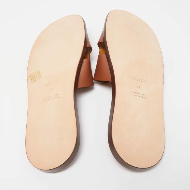 Hermes Brown Leather Izmir Slide Flats Size 47