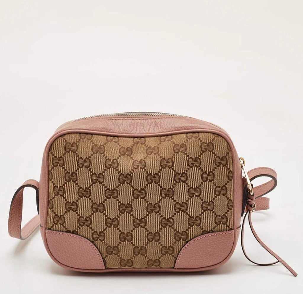 Gucci Bree Mini Beige/Light Pink GG Canvas And Leather Camera Crossbody Bag
