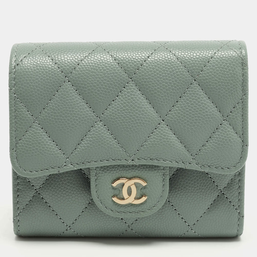 Chanel Classic Sage Green Quilted Caviar Leather Trifold Wallet
