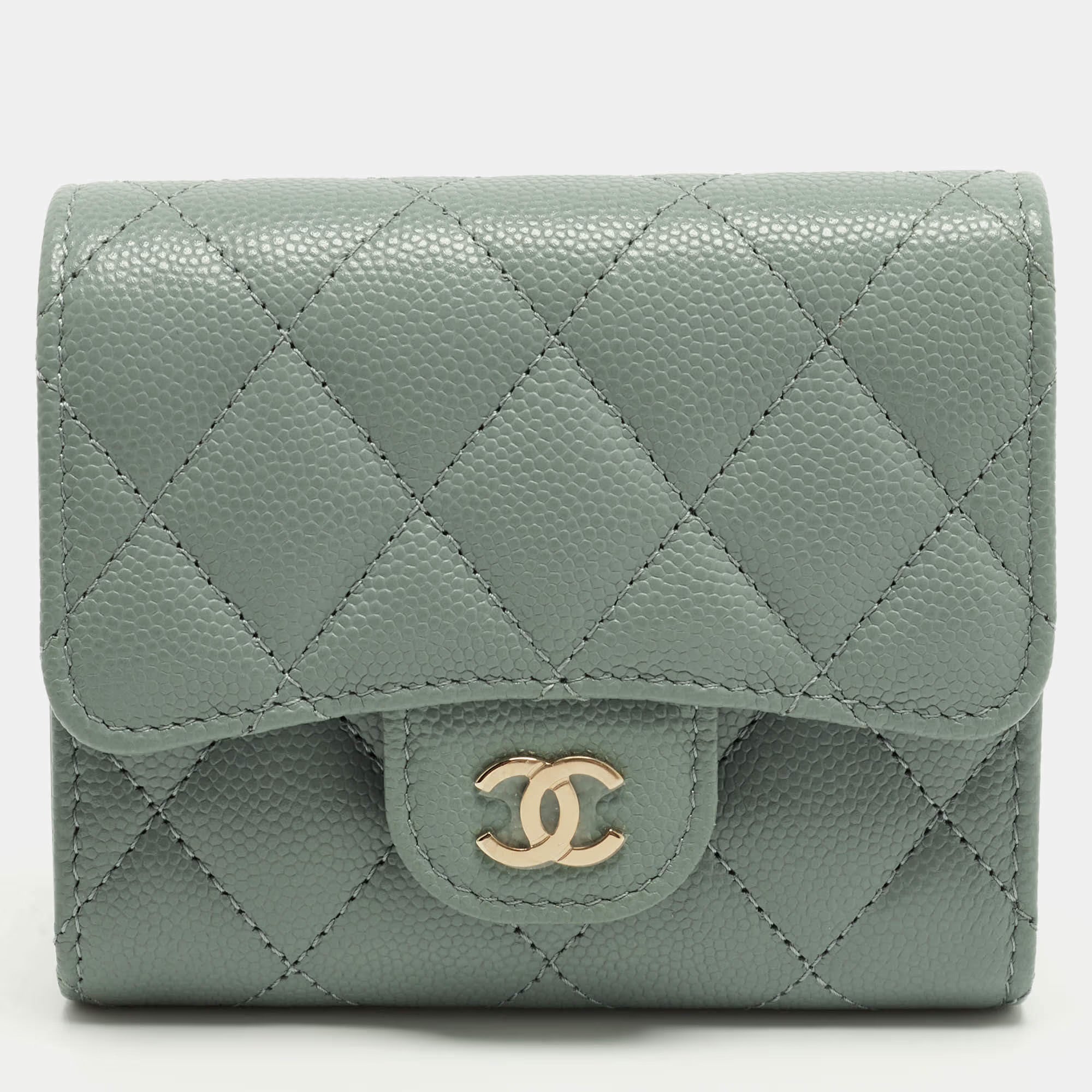 Chanel Classic Sage Green Quilted Caviar Leather Trifold Wallet