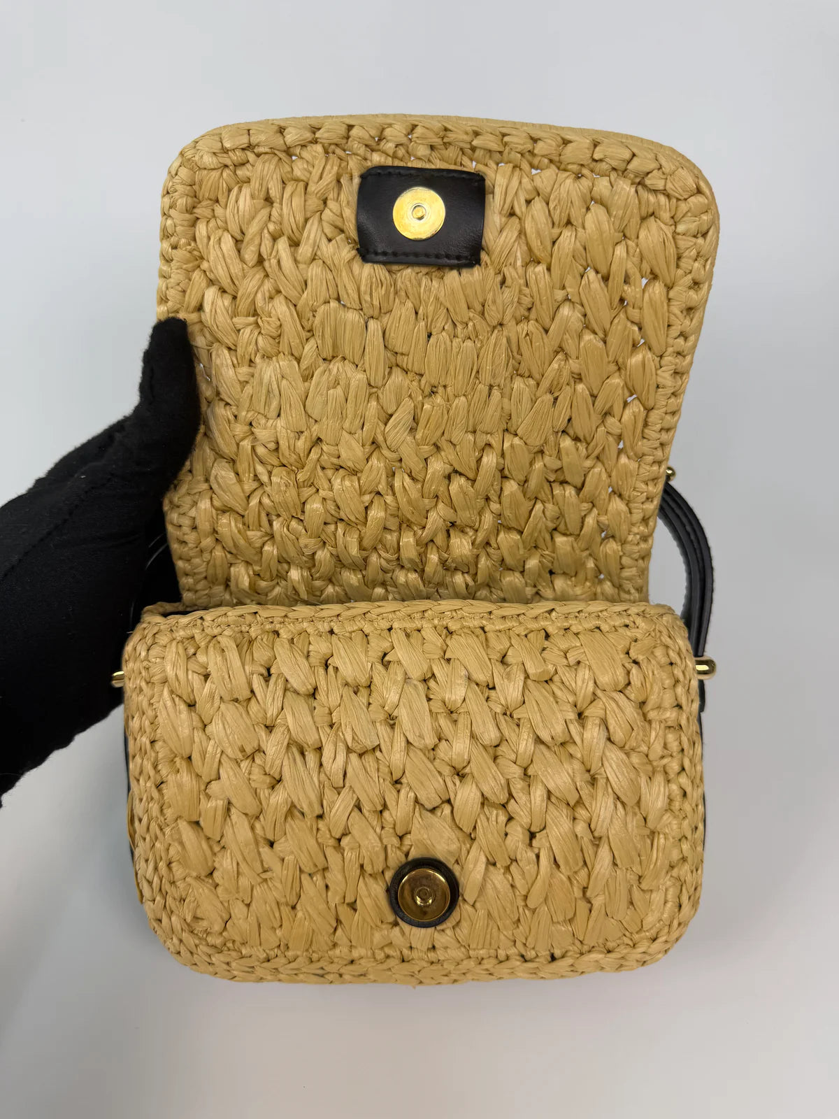 PRADA SMALL LOGO SHOULDER BAG IN NATURAL RAFFIA WITH GOLD HARDWARE