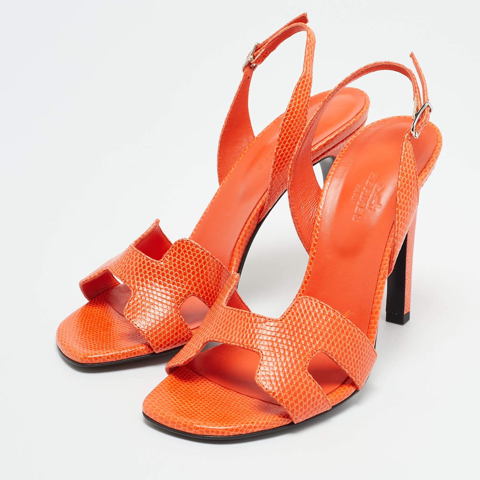 Hermès Holy Size 36.5 Orange Lizard Leather Slingback Sandals