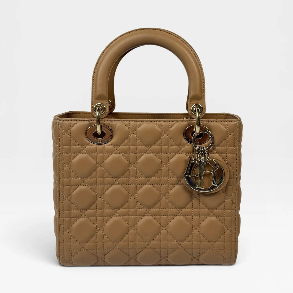 CHRISTIAN DIOR MEDIUM LADY DIOR BAG IN SAND WITH GOLD HARDWARE