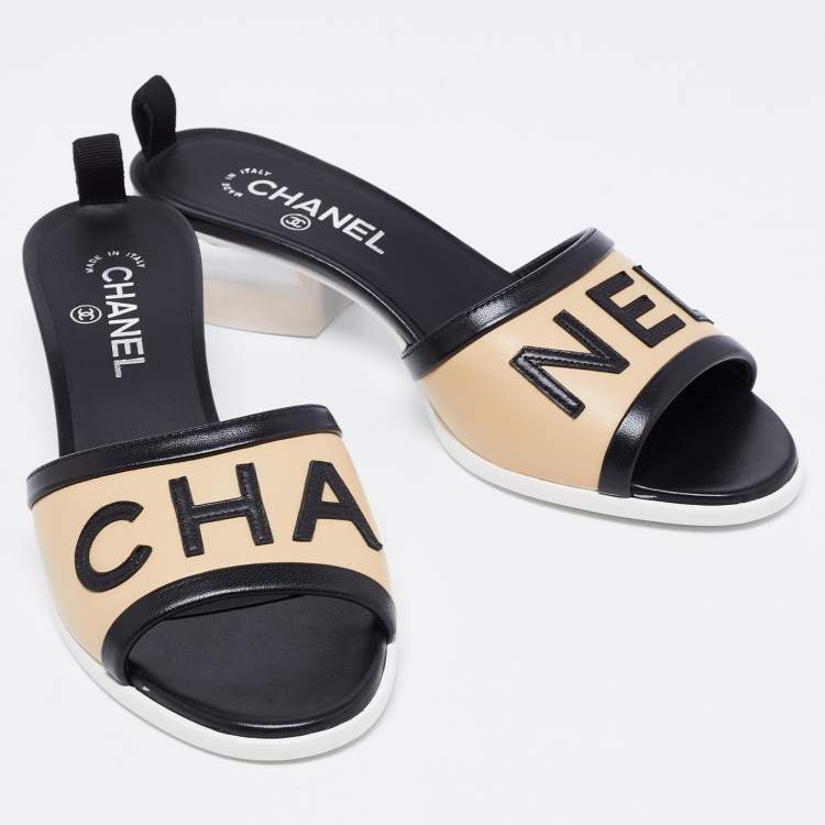 Chanel Beige/Black Leather Logo Slide Sandals Size 40.5