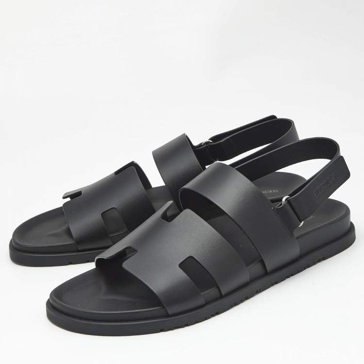 Hermes Black Leather Genius Flat Sandals Size 46