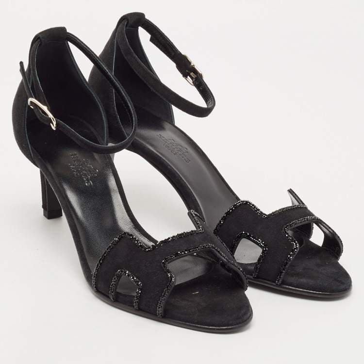 Hermes Black Suede Crystal Embellished Premiere Sandals Size 36.5
