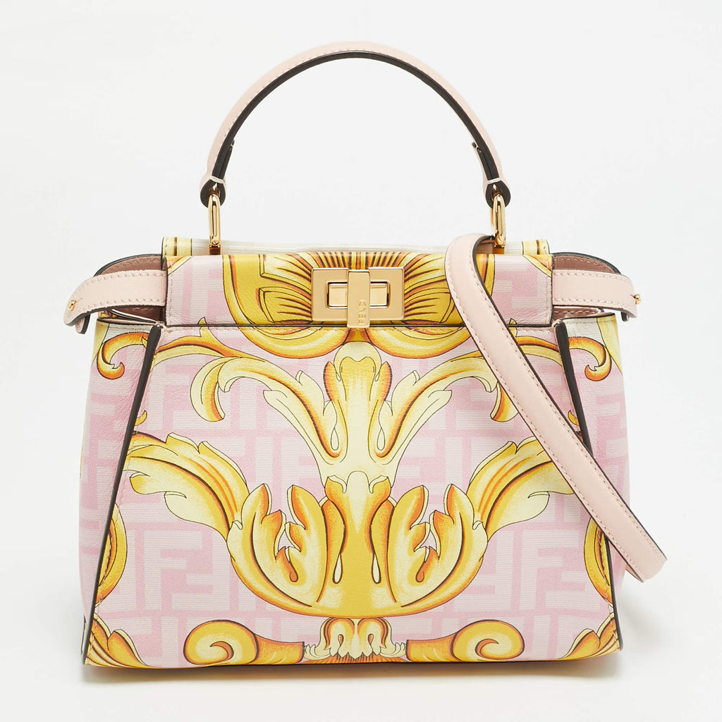 Fendi x Versace Fendace Peekaboo Mini Pink/Yellow Zucca Baroque Print Leather Top Handle Bag