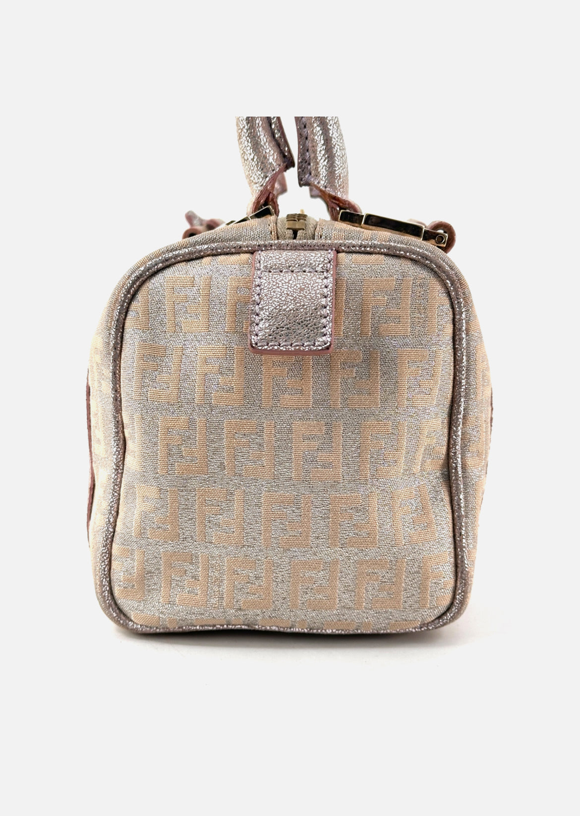 FENDI Mini Boston Bag Zucchino Canvas Leather Pink Beige Silver Purse