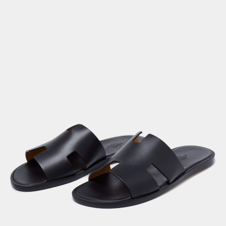 Hermes Black Leather Izmir Slide Sandals Size 40
