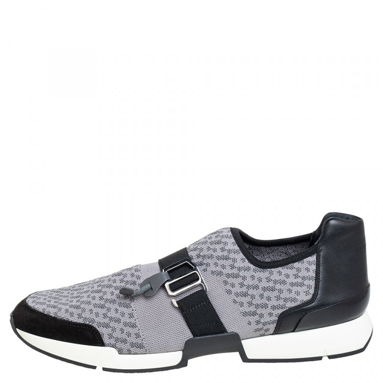Hermes Grey/Black Knit Fabric And Leather Buckle Run Sneakers Size 43.5