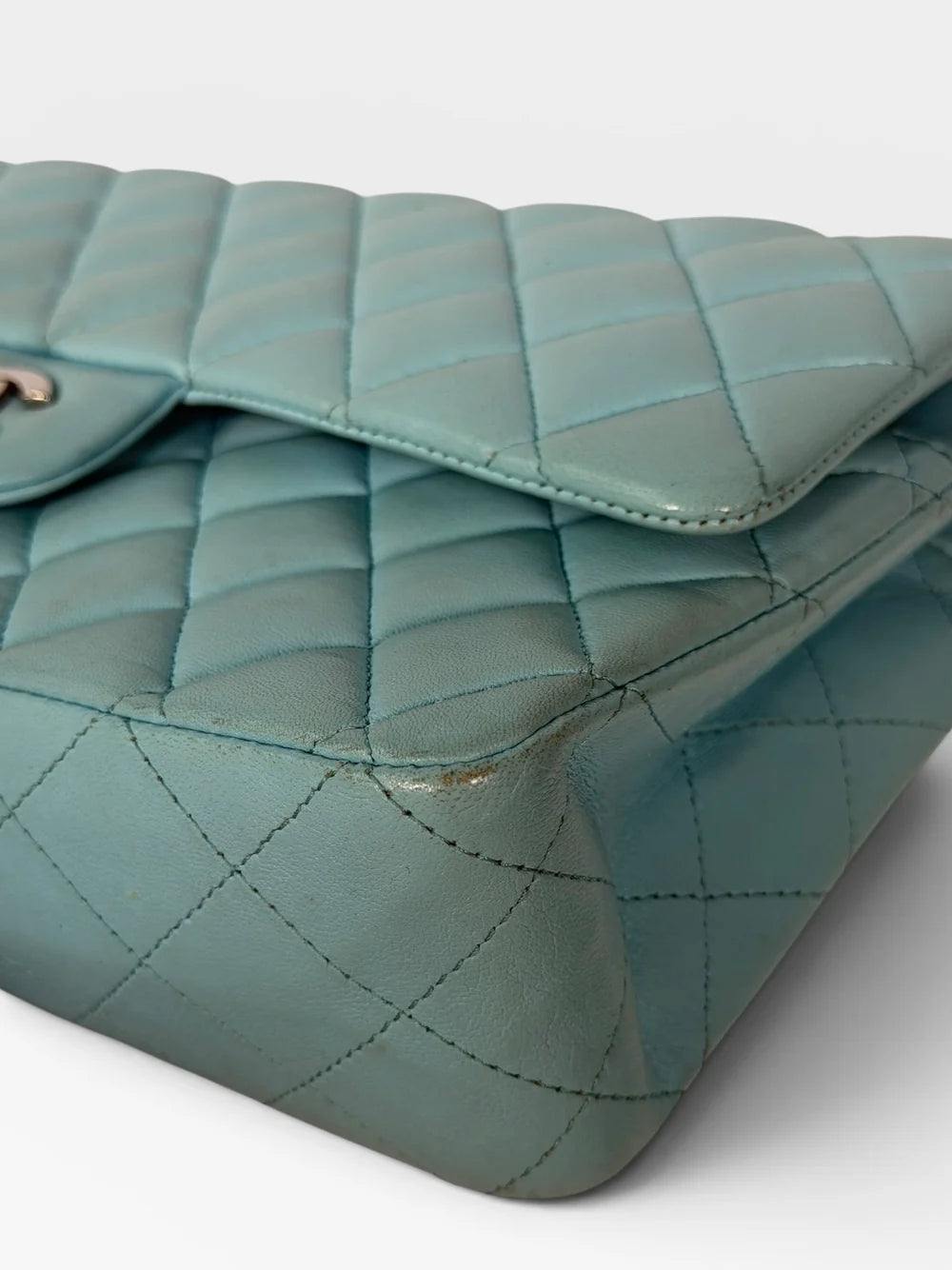 CHANEL MEDIUM DOUBLE CLASSIC FLAP LIGHT BLUE LAMBSKIN SILVER HARDWARE